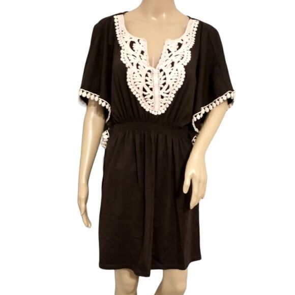 Y2K Bohemian Dress M Jersey Knit Flowy Woodland Fairy Crochet Dolman Sleeves - Picture 9 of 16